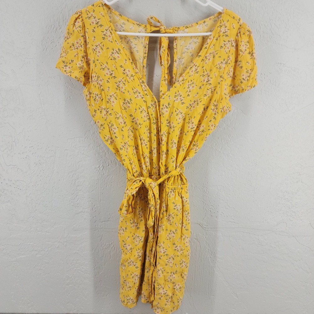 American Eagle Yellow Floral‎ Tie Back V-Neck Romper Boho Summer Womens Small